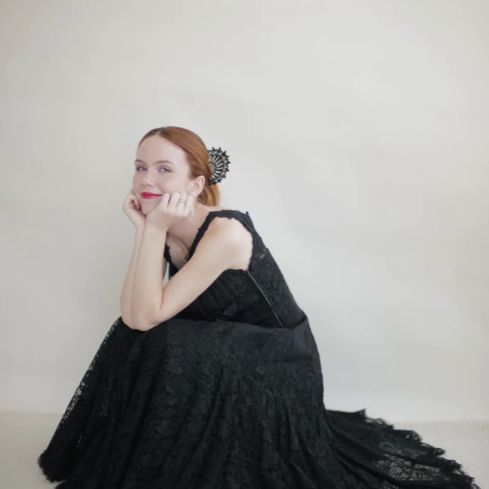 1950's Gorgeous, Black Silk File, And French Lace Party Dress S/M - Picture 3 of 4